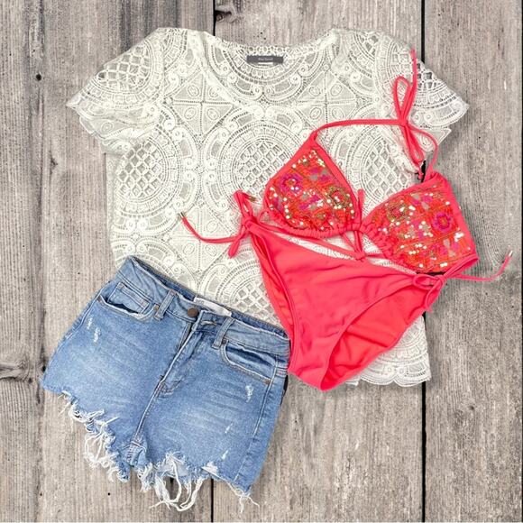 Vintage Beaded Sequined String Bikini Top | 2000s | Coral Pink | Medium | NWOT - Picture 4 of 6